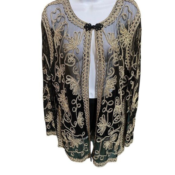 Vtg ISC Womens Blazer Sleeveless Shell L Silk Embroidered Metallic Black Tunic - Picture 9 of 16